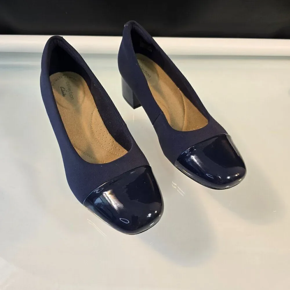 Clarks Marilyn Sara Blue Shoes Womens Sz 7.5 Fabric w Patent Leather Block Heels